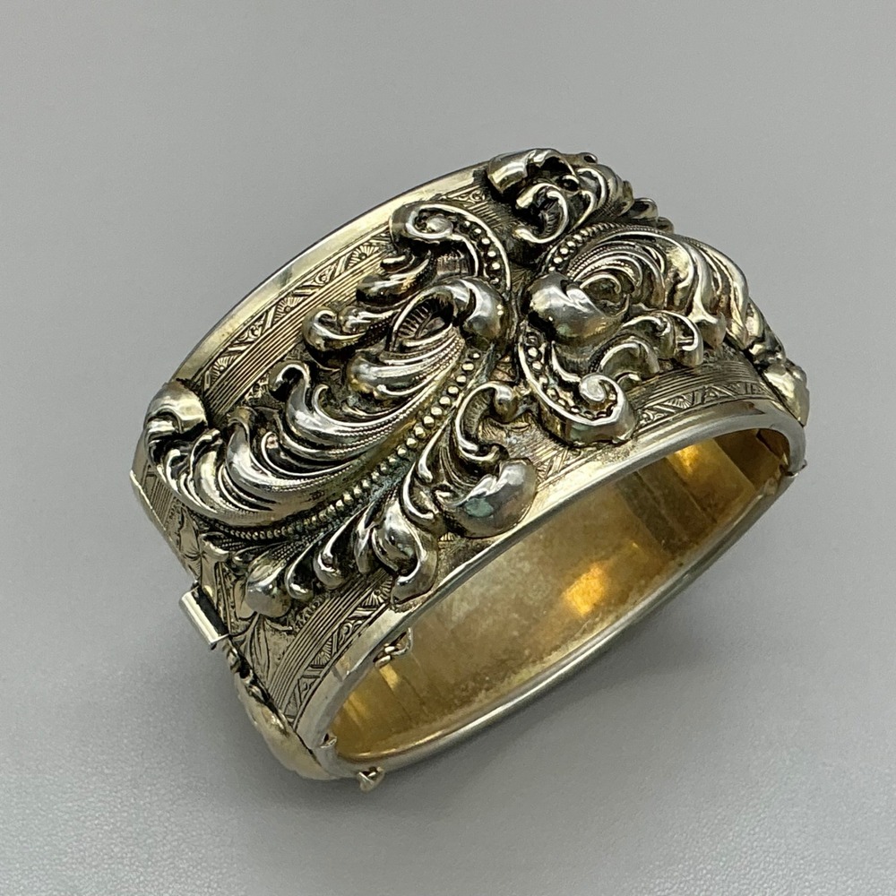Bracelet Repousse Wide Hinged Cuff Gold Tone Ornate Floral Scroll 7.25 Inch